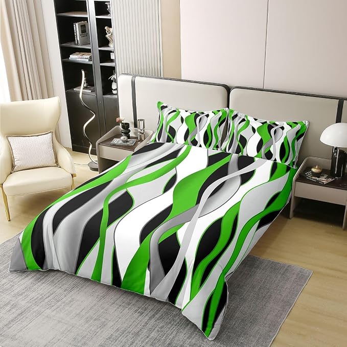 Erosebridal Green Grey Black Bedding Set Twin Geometric Spiral Striped 100% Cotton Duvet Cover Waves Abstract Art Comforter Cover for Kids Teens Adults Modern Fashion Bed Set 2 Pcs