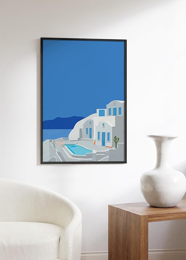 HAUS AND HUES Vintage Travel Posters - Greece Art Prints for Wall Decor, Blue Posters of Travel Themed Photo, Beachy Aesthetic Wall Art Prints, Greece Photo, Mykonos Artwork (24x36, Unframed)