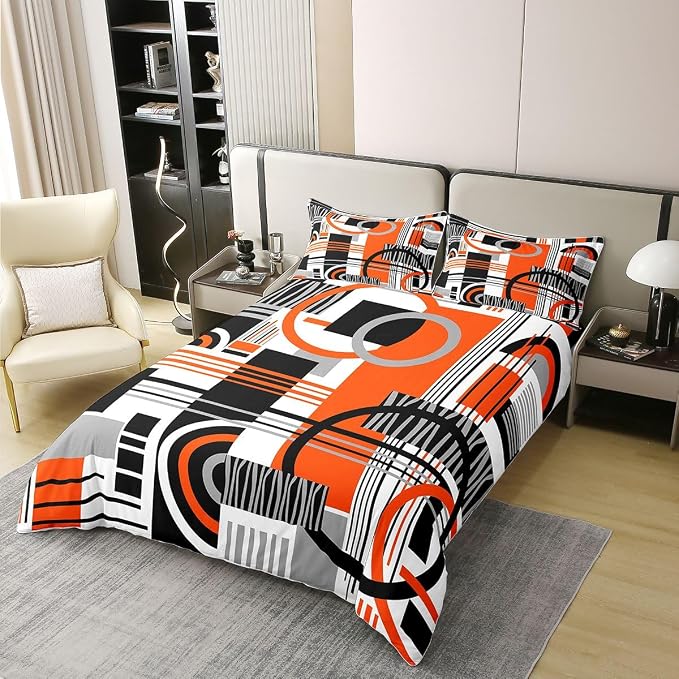 Erosebridal Art Deco Mid Century Duvet Cover Set Retro Modern Abstract Geometric 100% Cotton Comforter Cover Black and White Orange Circles Stripes King Bedding Set, Contemporary Bed Sets