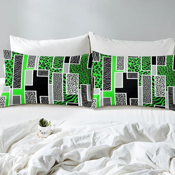 Erosebridal Leopard Zebra Print Toddler Duvet Cover Green Black Grey Geometric Patchwork Bedding Set Rustic Animal Skin Texture Comforter Cover for Kids Teen Adults,Jungle Wildlife Bed Set