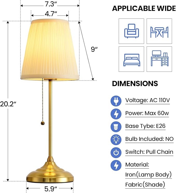 Modern Table Lamp for Bedroom, Gold Bedside Lamp, Farmhouse Nightstand Lamp with Pull Chain Switch, 20" Small Table Lamp for Reading, Hotel, Buffet Candlestick