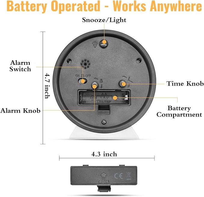 4.5 Inch Small Silent Analog Alarm Clock, Retro Battery Operated Desk Clock with Night Light Stays On 4 Seconds Vintage Metal Table Clock for Bedside, Nightstand, Bedroom, Office, Bathroom - White