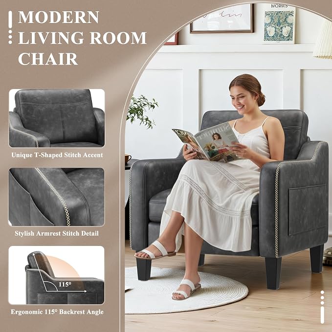 MALOL PU Leather Accent Chair, Mid-Century Modern Living Room Armchair Sofa with Removable Cushions, Solid Wood Frame & Stitched Armrest Design, Bedroom Chair with Plastic Legs, Black