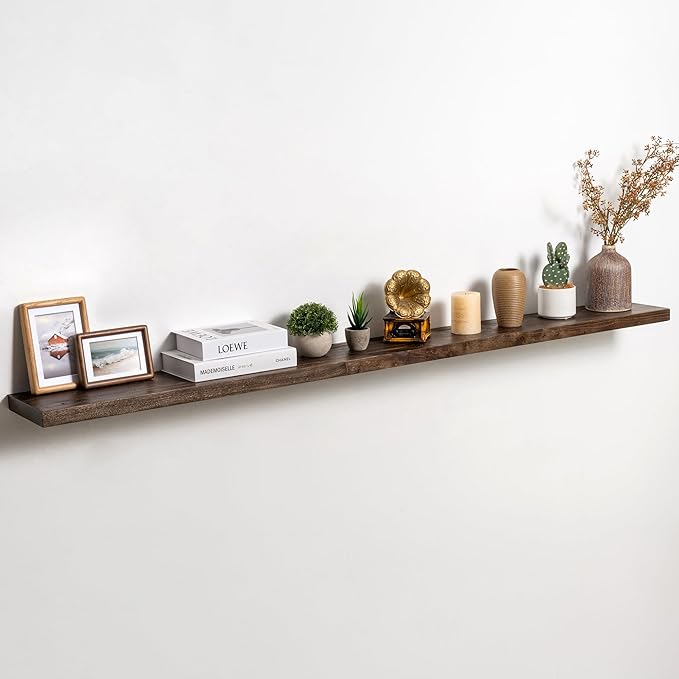 Fun Memories Solid Elm Wood Floating Shelves Set of 1-72 Inch Rustic Wall Shelves with Heavy-Duty Invisible Brackets - for Living Room, Kitchen, Bedroom, Bathroom - Walnut Finish