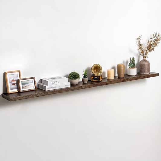 Fun Memories Solid Elm Wood Floating Shelves Set of 1-72 Inch Rustic Wall Shelves with Heavy-Duty Invisible Brackets - for Living Room, Kitchen, Bedroom, Bathroom - Walnut Finish