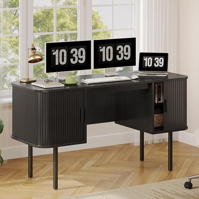 ONBRILL 55 Inch Fluted Computer Desk with Charging Station, Mid Century Executive Desk with 2 Storage Cabinets, Modern Home Office Large Desk with Metal Legs for Working, Studying, Writing, Black