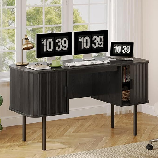 ONBRILL 55 Inch Fluted Computer Desk with Charging Station, Mid Century Executive Desk with 2 Storage Cabinets, Modern Home Office Large Desk with Metal Legs for Working, Studying, Writing, Black