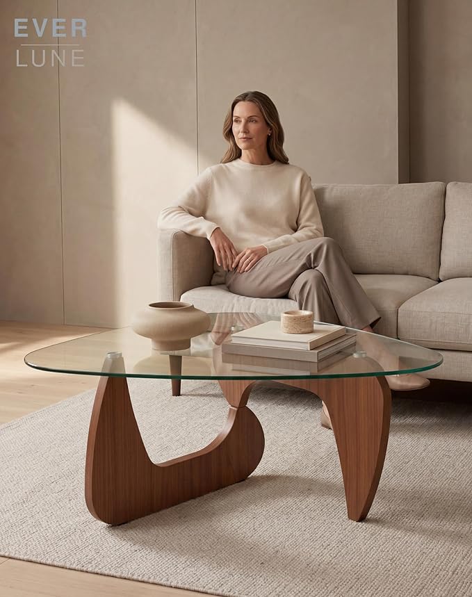 43.3" Triangle Coffee Table with Clear Glass Top and MDF Wood Base, Walnut Glass Coffee Table for Living Room, Mid Century Modern Center Table for Apartment, Sofa, Lounge, Reception