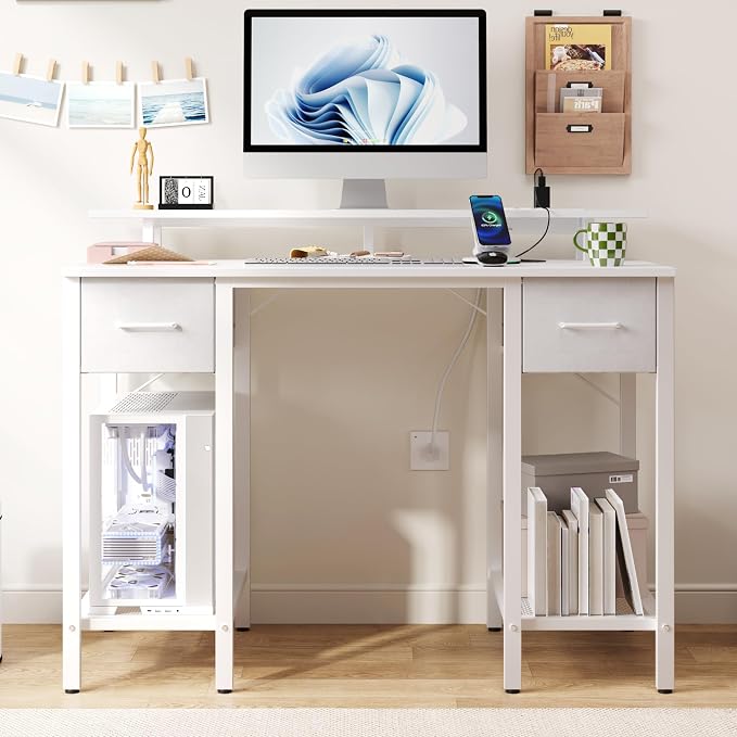 Furnify White Computer Desk with Drawers, 42 Inch Home Office Desk Study Writing Table, Gaming Desk with USB Power Outlets, Office Desk with Fabric Drawer, Work Table with Shelf for Bedroom, White