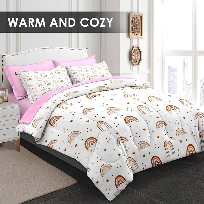 WeCozy 7 Pcs King Size Comforter Set with 2 Pillowcases & 2 Shams, Cute Bohemian Rainbow Bedding for Kids and Adults, Cartoon Boho Nursery Bed in a Bag with Flat Fitted Sheet