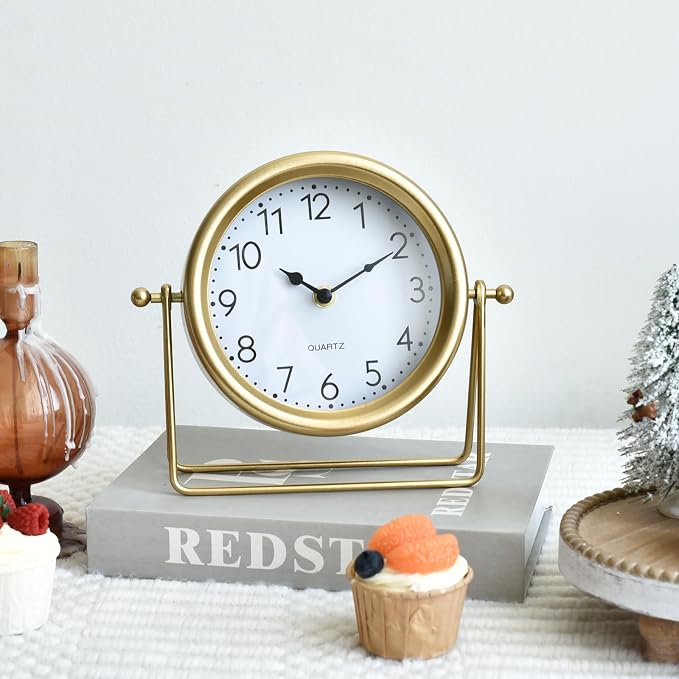 Small Gold Desk Clock – Classic Vintage Silent Non-Ticking Clock with Distressed Metal Frame, Decorative Shelf Decor for Office, Living Room or Bedroom