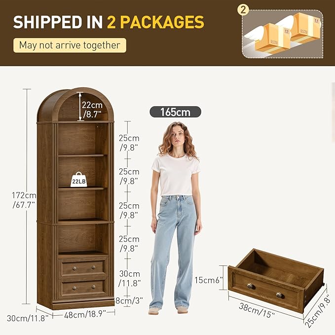 RALGEND Tall Narrow Bookshelf Set of 2, Arched Bookshelf with 2 Drawers, 7-Tier Farmhouse Arch Bookcase, Wooden Book Shelf with Open Display Shelves for Office, Living Room, Kitchen, Walnut