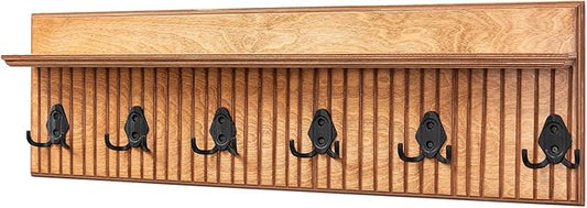 Rustic Wall Mounted Coat Rack with Shelf Wooden Entryway Organizer with 5 Metal Hooks for Coats Hats Towels Keys Floating Storage Shelf for Bathroom Bedroom (Oak, 40 inch Striped (4 Hooks))