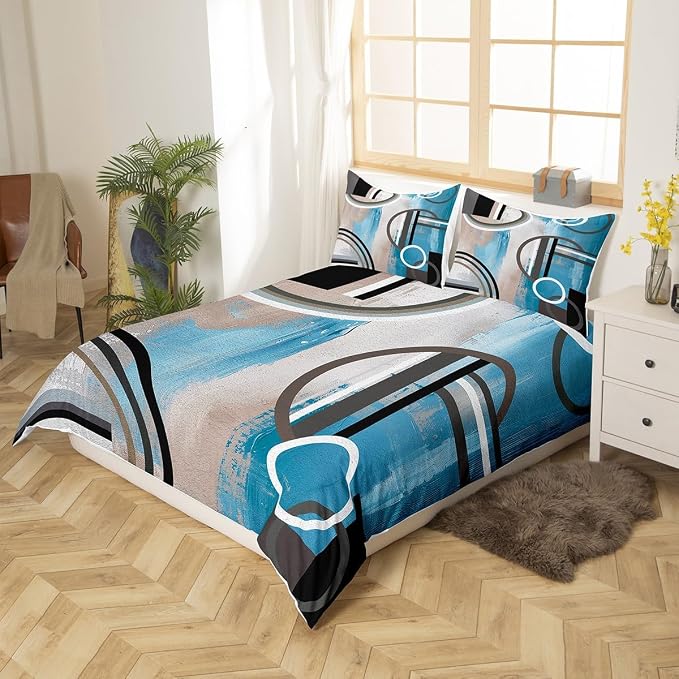 Erosebridal Ombre Geometric Duvet Cover King Size,Navy Blue Comforter Cover for Kids Teens Youth,Grunge Bedding Set,Modern Circles Swirls Quilt Cover Watercolor Bedroom Decor 3 Piece