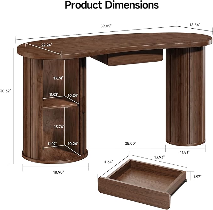 ONBRILL 59 Inches Fluted Office Desk with Storage, Bean-Shaped Computer Desk with Drawer, Mid-Century Modern Curved Corner Desk with Sliding Door for Work and Study,Walnut