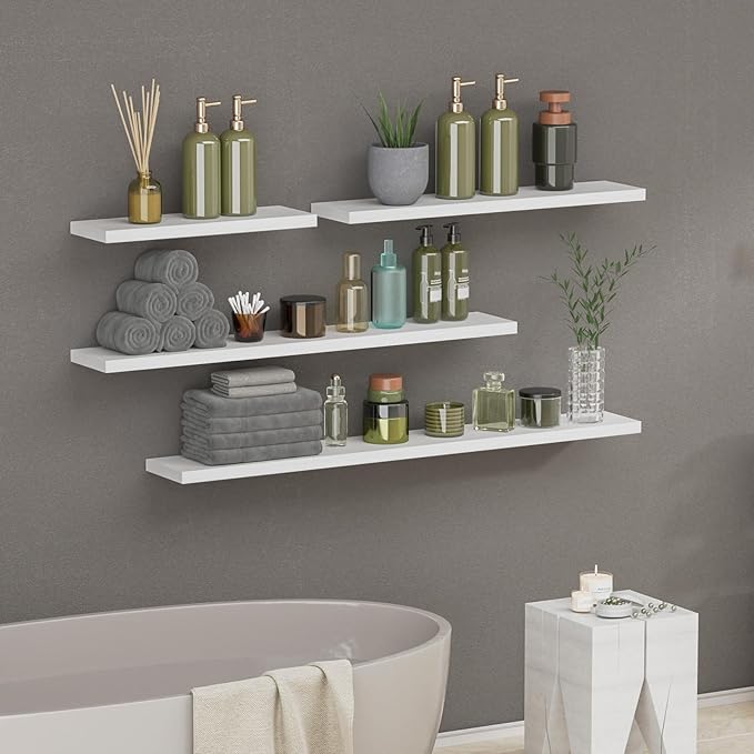 SAUMONIERES Floating Shelves 8 Inch Deep Solid Wood Wide Wall Shelf Set of 2 Wall Mounted for Bedroom Bathroom Living Room Kitchen, 24 Inch White