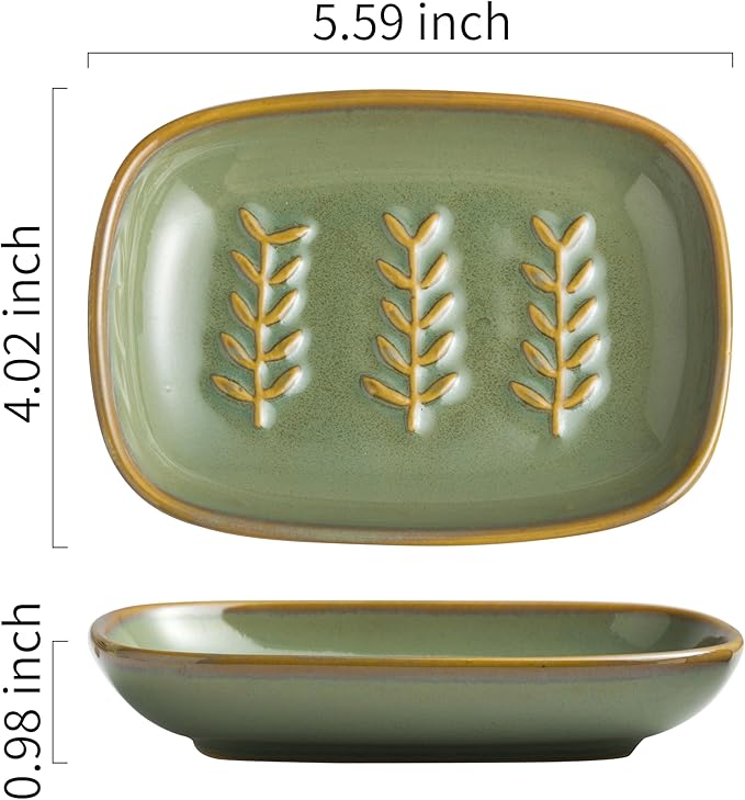 Soap Dish Soap Holder Shower, Ceramic Soap Dishes for Bar Soap Sponge, Shower Soap Dish Soap Saver Tray for Bathroom Kitchen Sink, Easy to Clean, Green (Pack of 2)
