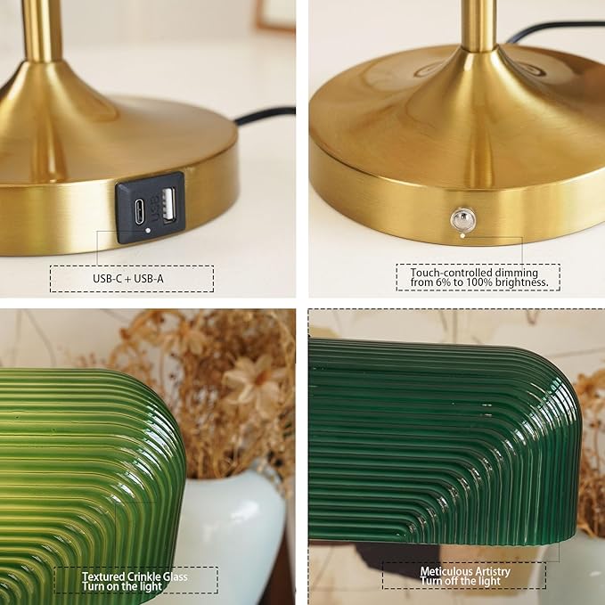 Vintage Milk Glass Bankers Desk Lamp - Dimmable Touch Control Bedside Lamp with USB A+C Charging Ports, for Bedroom Nightstand & Living Room, Bulb Included (Green)