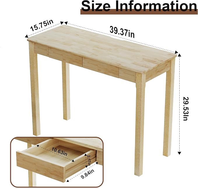 Solid Wooden Desk with Drawers - 39 x 16 Inch Rubberwood Narrow Desks, Simple Modern Study Table, Small Writing Desk for Bedroom|Small Spaces - Natural Boho Desks