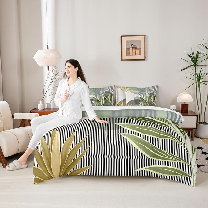 Erosebridal 7 Pcs Mid Century Boho Comforter Set Full Modern Geometric Bedding Sets,Minimalist Bed in a Bag Abstract Sun Aesthetic Arch Curve Leaves Quilt with Flat Fitted Sheet,Green Gold