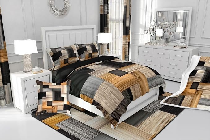Erosebridal Wood Grain Comforter Cover Full Splicing Plaid Grid Duvet Cover for Kids Teens Stylish Tartan Geometric Bedding Set Modern Orange Grey White Checkered Bed Set with Zipper