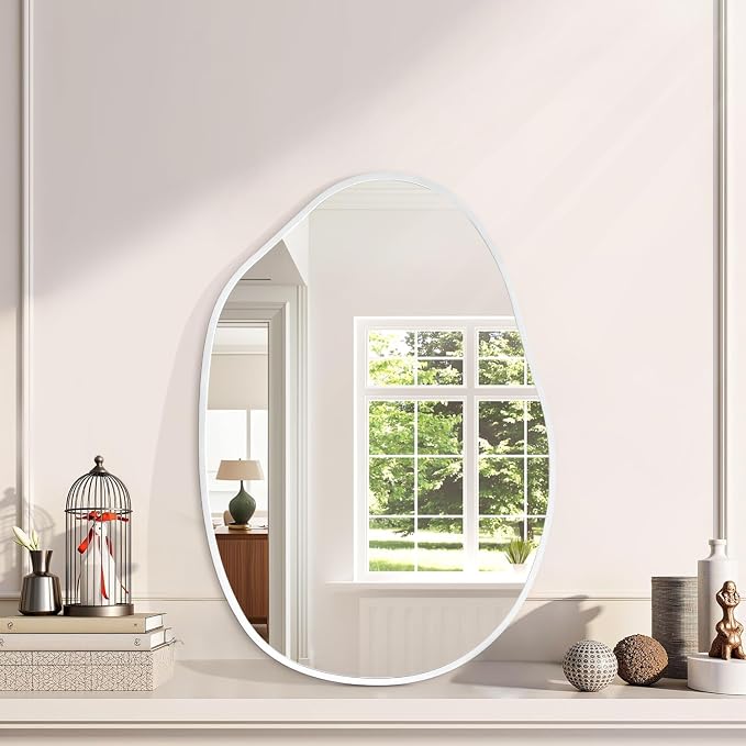 Irregular Wall Mirror Asymmetrical Mirrors, 18''x26'' Metal Framed Mirror for Bathroom Bedroom Living Room Entryway, Decorative Modern Aluminum Alloy Wall Decor, White