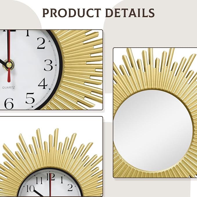 3 Pcs Gold Retro Sunburst Wall Decor Set, 9.8 Inch Round Clock & Mirror Wall Art, Vintage Sunburst Style Decor for Living Room Bedroom Bathroom, Lightweight & Easy to Install