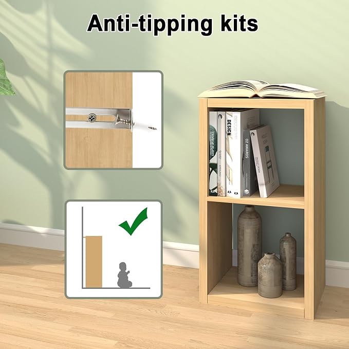 CTESNE【2026 Wooden Thick Frame 2 Cube Storage Organizer Shelf with Anti-Tipping Kits + Reversible Open Back Bookcase, Horizontal and Vertical Dual-use（Oak Color,11inch）