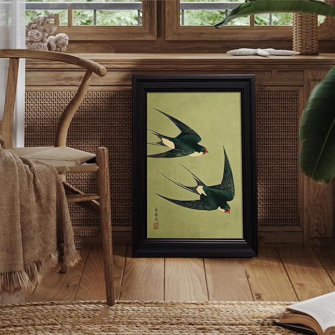 Vintage Framed Japanese Flying Swallow Wall Art Asian Japandi Bird Animal Poster Nature Vintage Green Canvas Prints for Living Room Bedroom Home Decor 16x20 inch