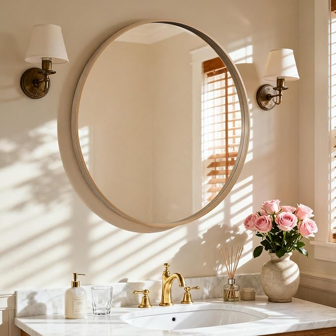 HOMECOOKIN Round Wood Mirror 32 inch Circle Wall Mirror for Bathroom, Vanity, Entryway, Living Room Decor, Natural Rustic Mirror