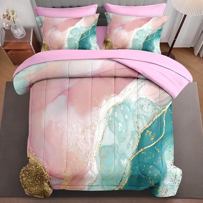5Pcs Comforter Set Twin Size, Pink Teal Gold Marble, Bedding Decor Turquoise Rose Dye Abstract Bedroom Bed Set Flat Sheet Fitted Sheet Pillowcases Shams for Kids Adults