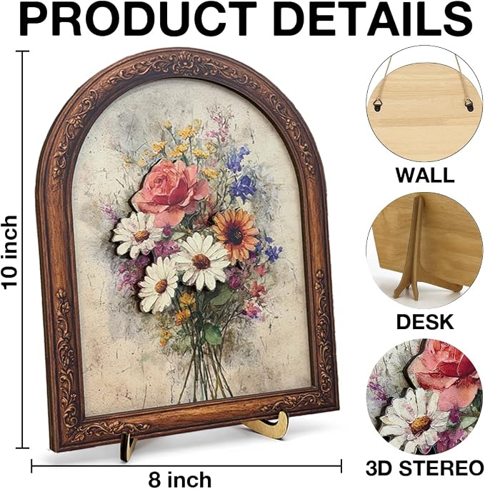 3D Vintage Wildflower Bouquet Desk Decor Sign, Rustic Daisy Rose Floral Framed Wall Art Sign for Home Bedroom Living Room Desk Wall Shelf Farmhouse Aesthetic Decor 8x10 Inch