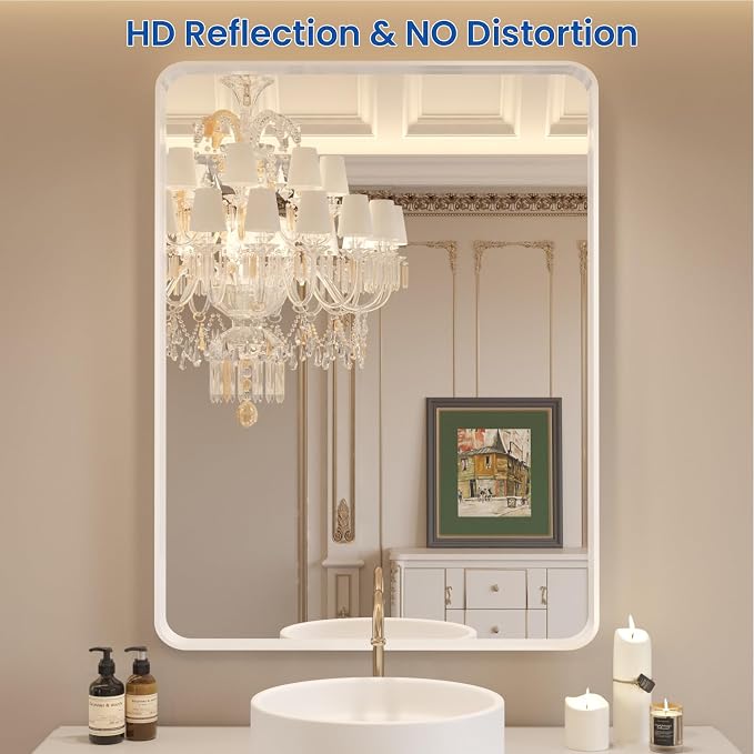 WEER White Bathroom Mirror 20X30 Inch, Rounded Rectangle White Metal Frame Mirror, Matte White Bathroom Vanity Mirror with Tempered Glass, Anti-Rust, Hangs Horizontally or Vertically