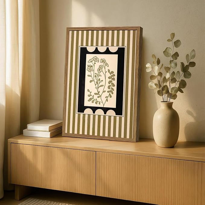 Vintage Boho Floral Wall Art Modern Botanical Flower Wall Decor Painting, Mid Century Plant Striped Poster Canvas Print Picture for Living Room Bedroom 12x16 inch Wood Framed