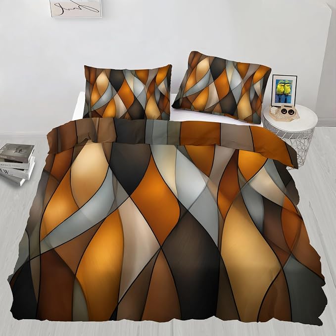Orange Black Geometric Stripes Duvet Cover Queen Size, Mid Century Modern Geometrics Lines Bedding Set 3 Piece, Ombre Abstract Striped Patterned Comforter Cover with Zipper, 2 Pillowcases
