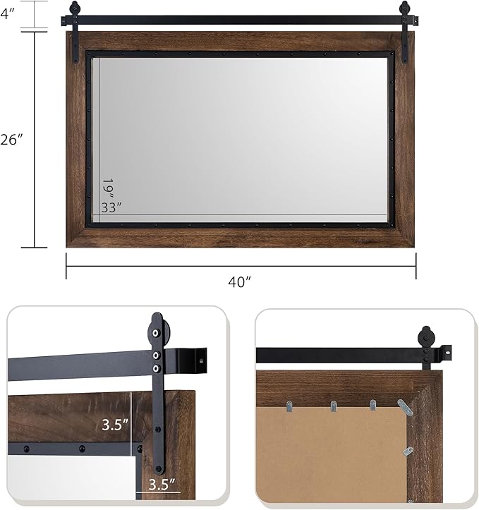 YOSHOOT Farmhouse Barn Door Mirror, 40"x26" Rustic Bathroom Mirrors, Wood Frame Wall Mounted-Mirror, for Living Room Bedroom Entryway Wall Décor, Horizontal Hanging ONLY