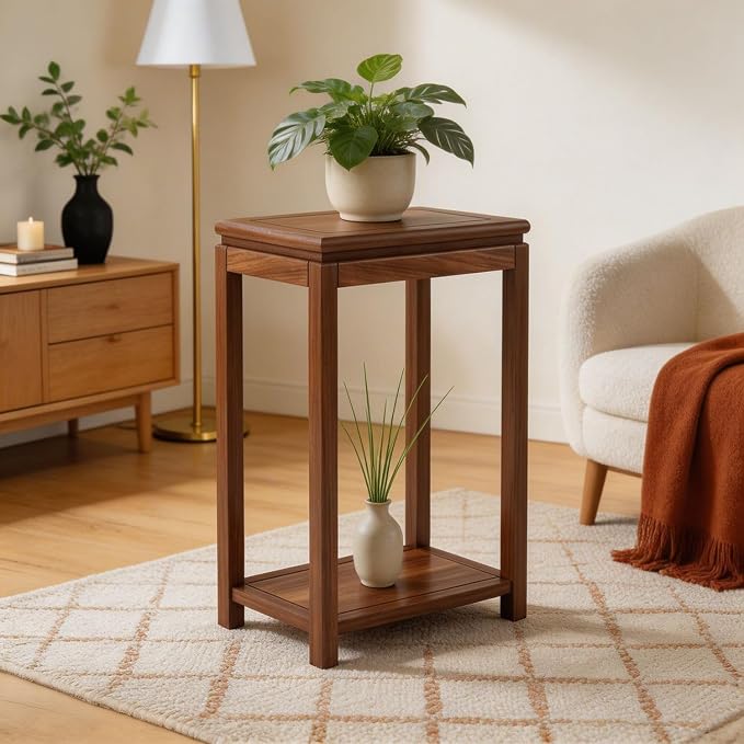 Mid-Century Solid Wood Plant Stand, 2-Tier Tall Narrow Plant Holder Display Table, Corner Small Side Table by Sofa Couch (19.7" L x 11.8" W x 27.5" H)