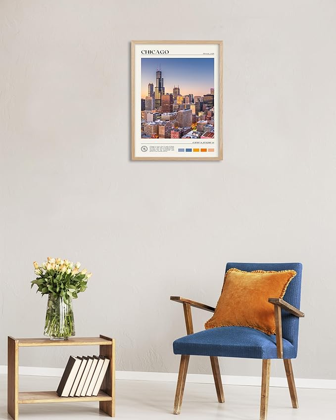 HesenDot Natural OAK Wood Chicago Cityscape Framed Wall Art,12x16in City Skyline Canvas Wall Print,Modern Urban Landmark Wall Decor for Living Room,Bedroom,Office Gallery Gifts Set of 1