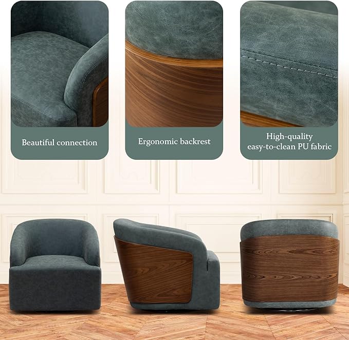 Swivel Accent Chair Faux Leather Swivel Barrel Chair Comfortable Mid Century Modern Chair Upholstered Metal Base Armchair for Living Room Bedroom Office Large Vintage Blue