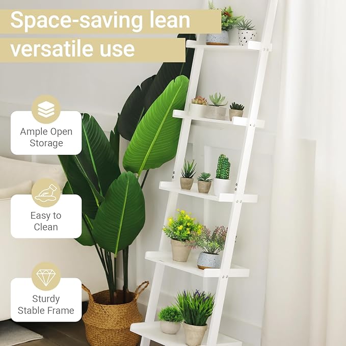Ladder Shelf 5-Tier Bookshelf – Storage Rack Shelves Wall Leaning Shelf,White Freestanding Plant Flower Stand, Corner Display Bookcase
