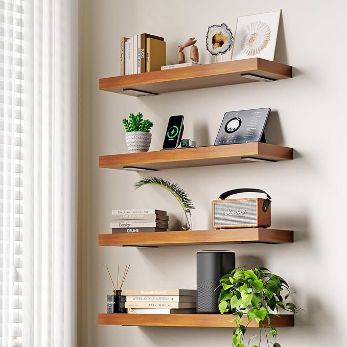 Solid Wood Floating Shelves 24'' Long, 8'' Deep Wall Mounted Shelves with Heavy Duty Brackets, Max Load 150 lbs, Wall Shelves for Bathroom Kitchen Living Room, 24 x 8 x 1.6 in, Walnut, Set of 2