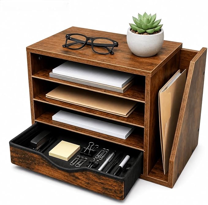 Wooden Desk Organizer with Drawers, 4 Tier Office Organizer and Accessories, Paper File Mail Organizer, Brown