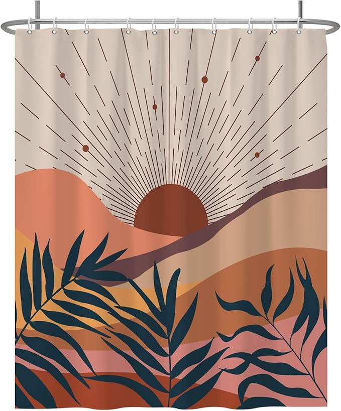 Baocicoo Boho Abstract Sun Shower Curtain - Mid Century Sunrise Mountain Design, Minimalist Aesthetic, Waterproof with Hooks, 60x72 Inches