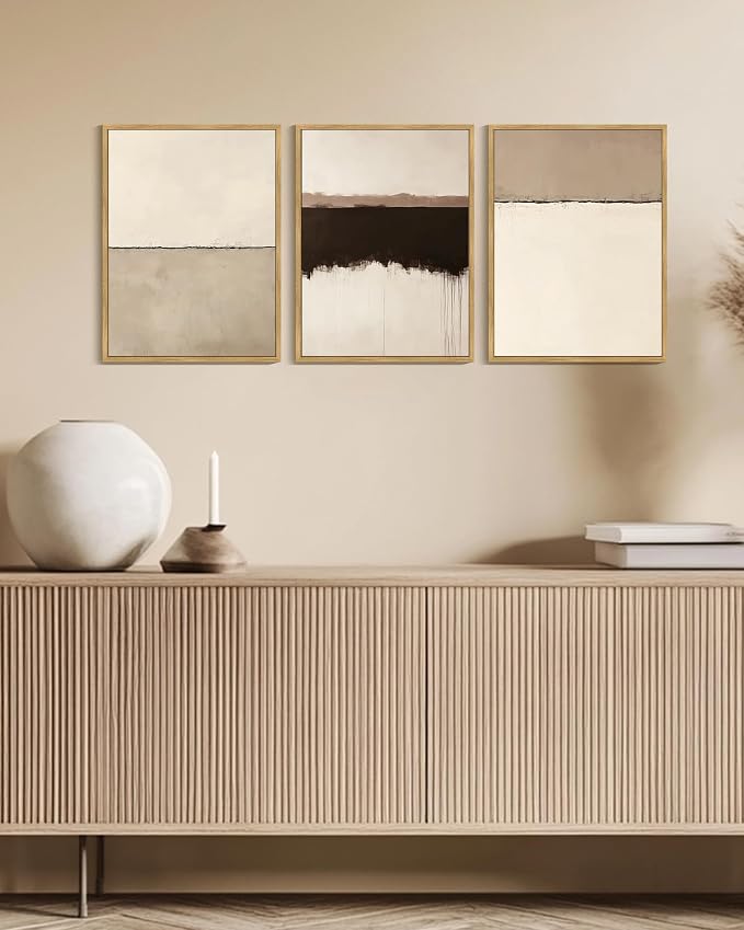 KUVIOKE Abstract Framed Canvas Wall Art Minimalist Beige Gray Pastel Watercolor Wall Decor Modern Illustration Neutral Art Painting for Bedroom Dining Room 12x16in (Natural Framed)