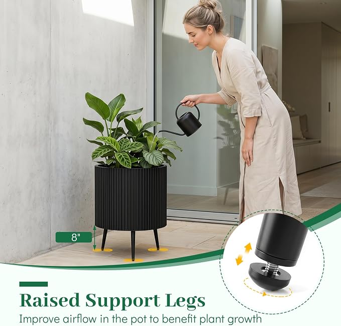 Giantex 20 Inch Plant Pot with Stand Set of 2, Mid-Century Modern Fluted Planter with Built-in Drainage Holes, Metal Flower Pot with Tapered Legs for Living Room, Office, Porch, Garden