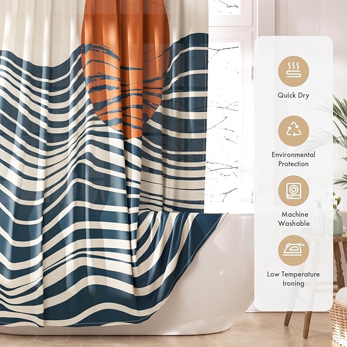 AmazerBath Boho Shower Curtain, 72x72 Washable Cloth Navy Sea and Sunset Shower Curtain with 12 Hooks, Fabric Rustic Shower Curtain Set, Farmhouse Modern Tan Shower Curtains for Bathroom Camper RV