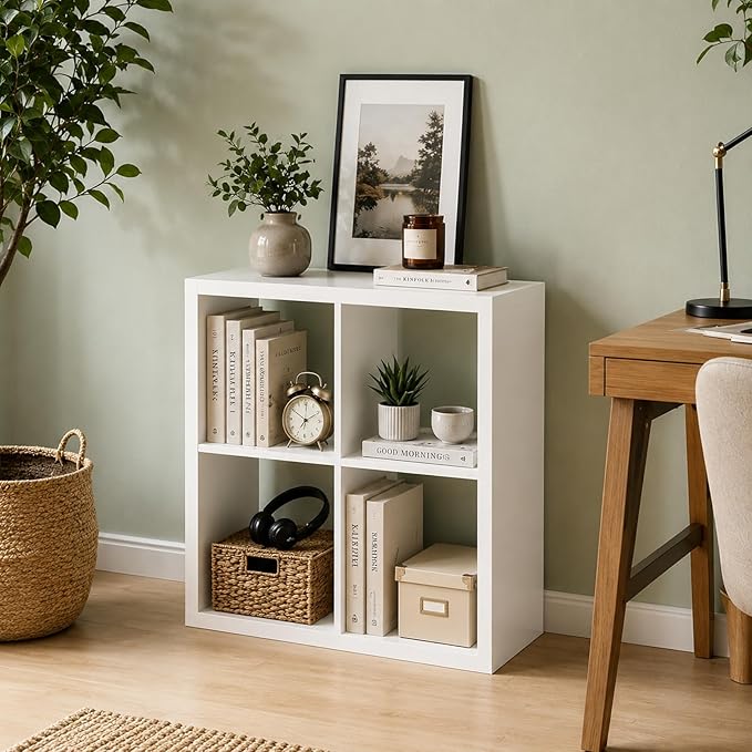 CTESNE【2026 Wooden Thick Frame 4 Cube Storage Organizer Shelf with Anti-Tipping Kits + Reversible Open Back Bookcase, Horizontal and Vertical Dual-use（White,11inch）