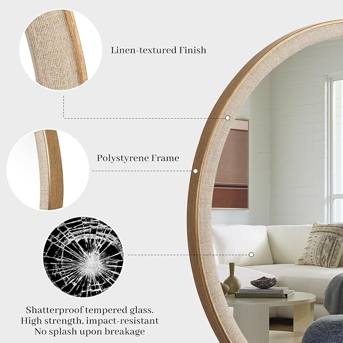 WallBeyond Round Mirror 24 Inch, Linen-Texture Circle Wall Mirror for Bathroom, Bedroom, Entryway, Living Room