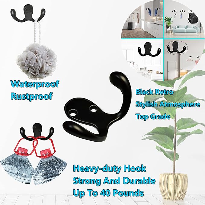 3 Pack Black Double Prong Coats Towel Hooks For Bathrooms Wall Mounted Shower Rustproof, 1.37 Oz Retro Wall Hooks Heavy Duty Hanging Towels Coat Hat Loofah Robe Key Scarf Bag Cap Kitchen Accessories