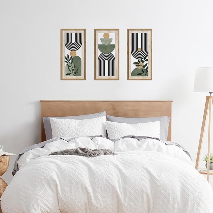 HPNIUB 3 PCS Boho Sage Green Wall Decor, Minimalist Mid Century Geometric Line Hanging Wood Sign for Living Room, 8x16Inch Modern Botanical Leaf Wooden Plaque for Apartment Bedroom Office Decoration